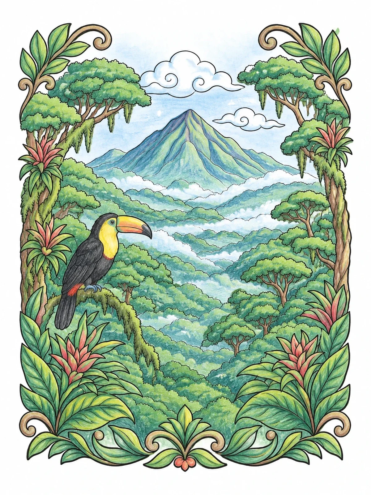 Colored example of the Toucan Overlooking Rainforest Mountain Landscape coloring page