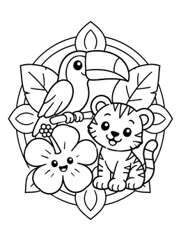 Free printable Cute Toucan Tiger And Smiling Flower coloring page