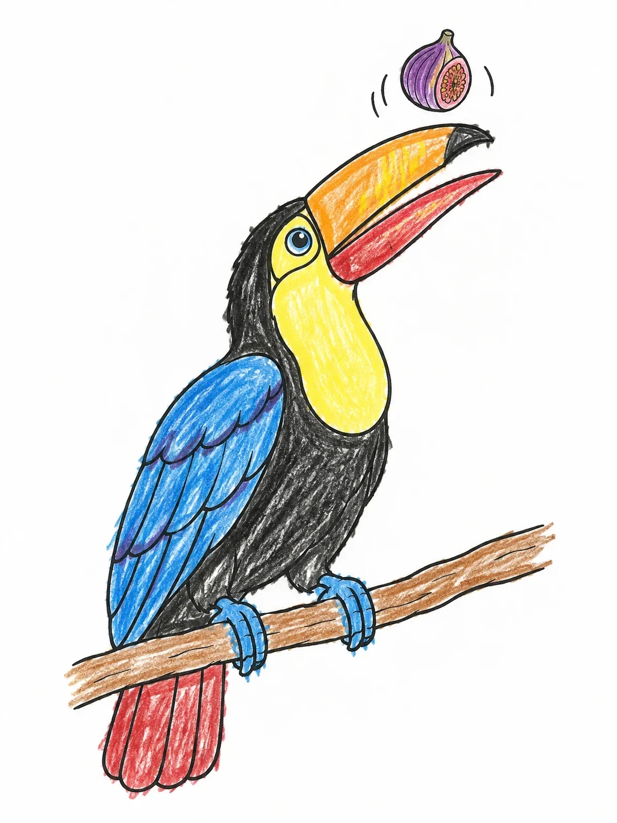 Colored example of the Toucan Tossing A Fig coloring page