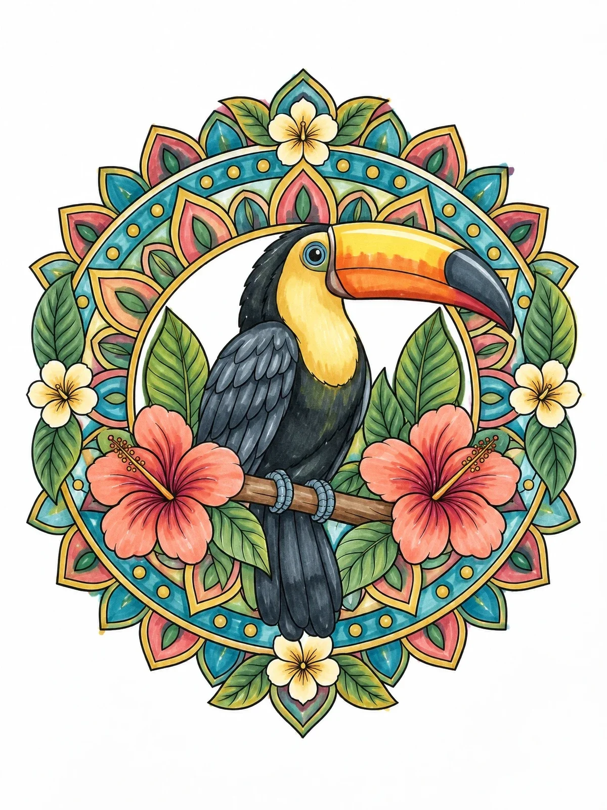 Colored example of the Toucan In Tropical Mandala Frame coloring page