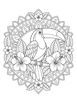 A detailed toucan coloring page framed by hibiscus flowers and a mandala.