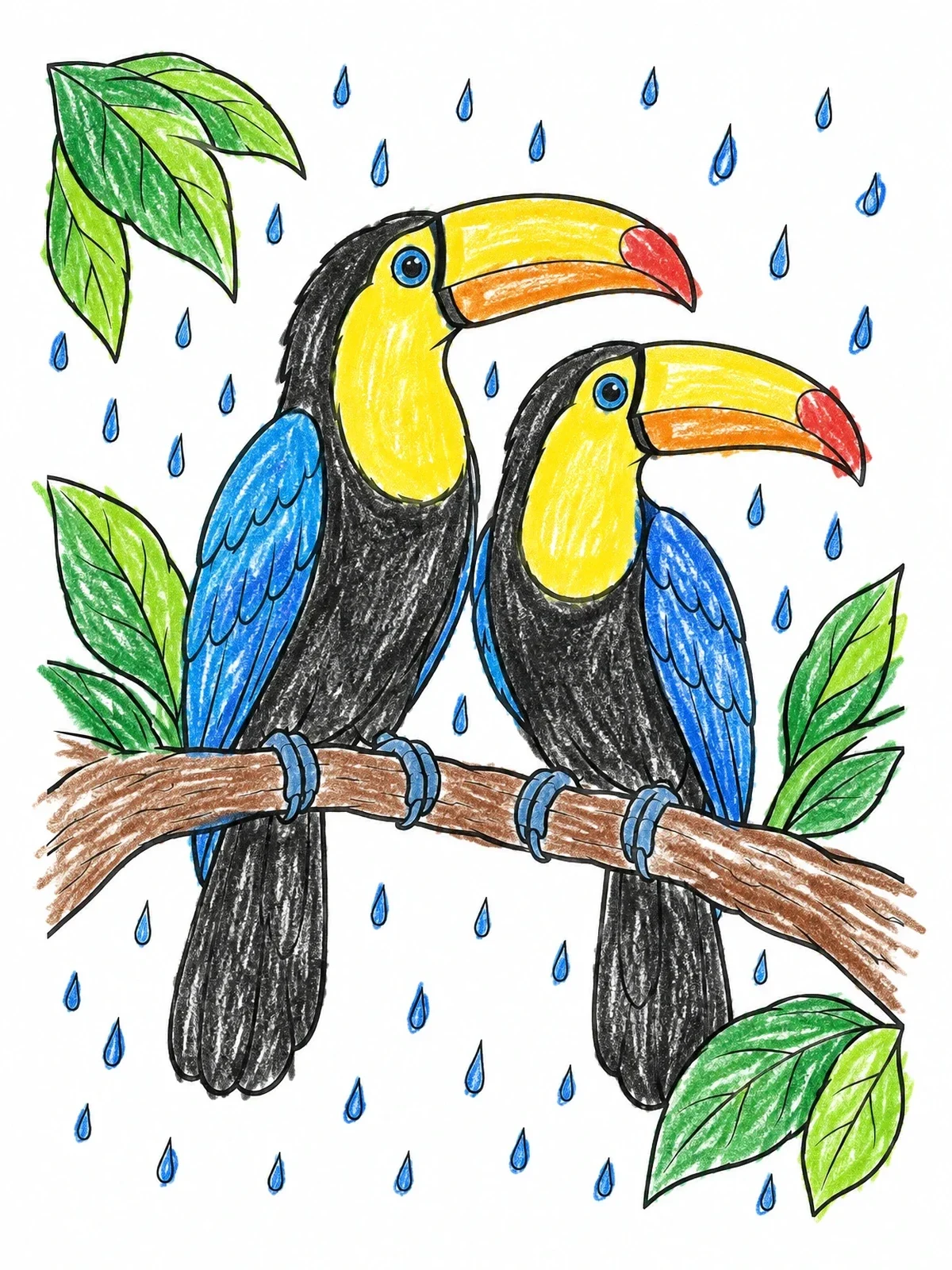 Colored example of the Toucans Perched In Tropical Rain coloring page