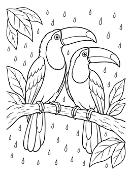 Two birds rest together in the rain on this toucan coloring page.