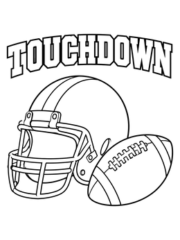 A bold football coloring page featuring a helmet, a ball, and the arched word Touchdown.