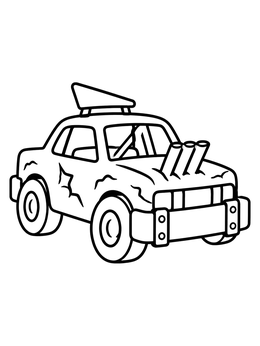 A simple derby car coloring page featuring dented metal and exhaust pipes.
