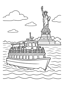 A statue of liberty coloring page showing passengers on a ferry cruising across the harbor water.