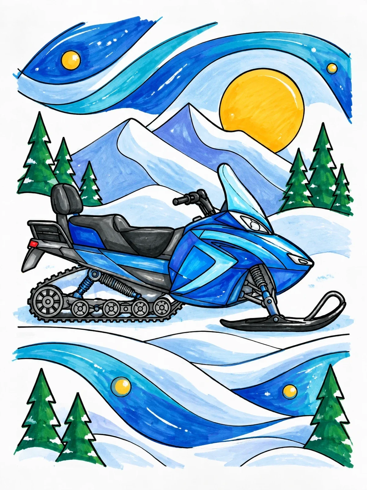 Colored example of the Touring Snowmobile In Winter Landscape coloring page