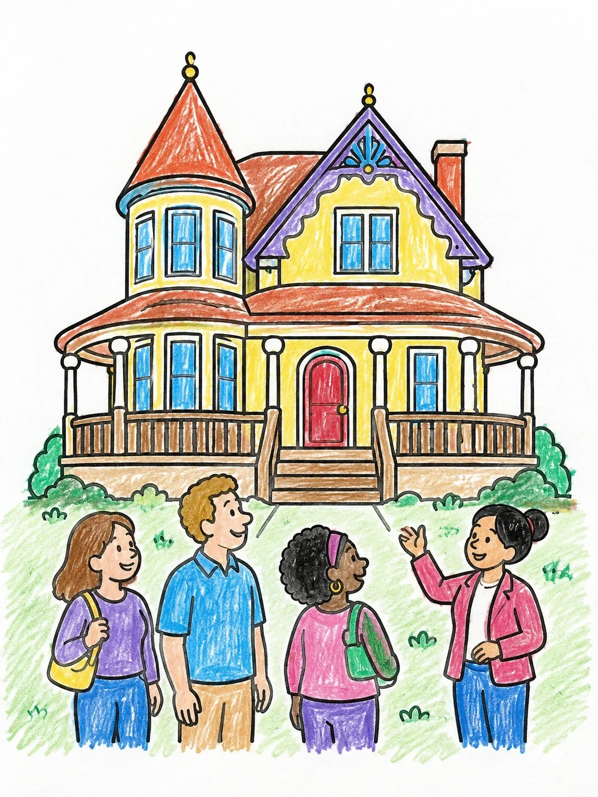 Colored example of the Family Touring A Victorian House coloring page