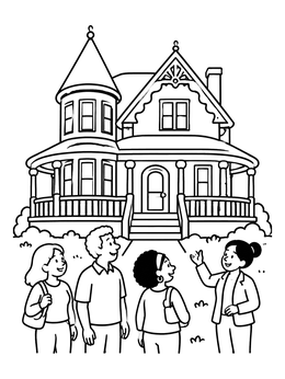 Free printable Family Touring A Victorian House coloring page