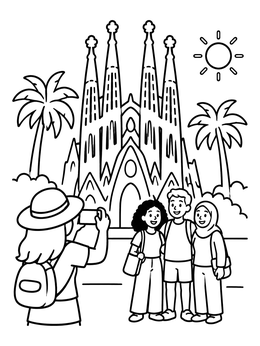 Free printable Tourists Visiting The Sagrada Familia coloring page