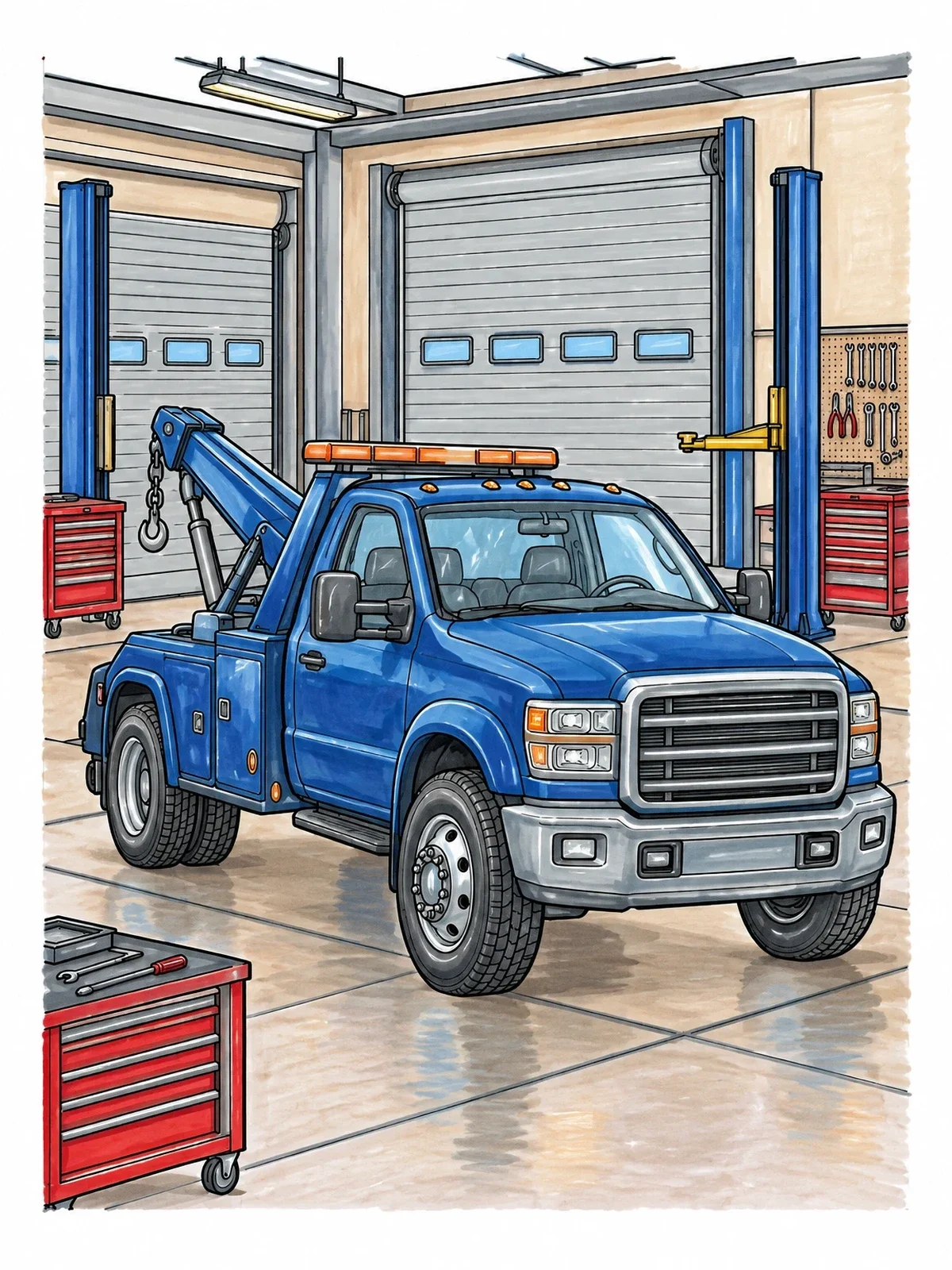 Colored example of the Tow Truck In Auto Repair Shop coloring page