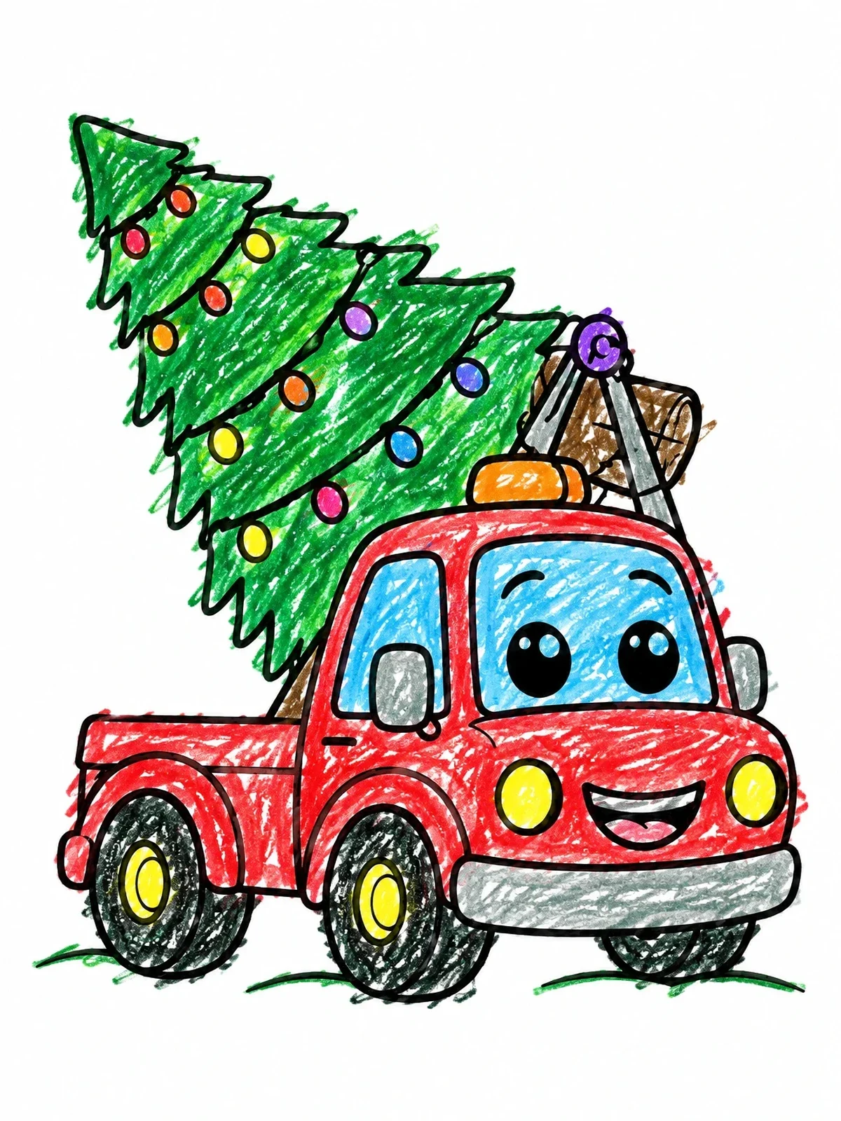 Colored example of the Cheerful Tow Truck With Christmas Tree coloring page