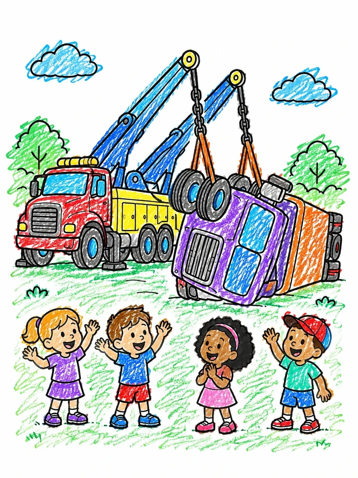 Colored example of the Heavy Wrecker Truck Rescue coloring page