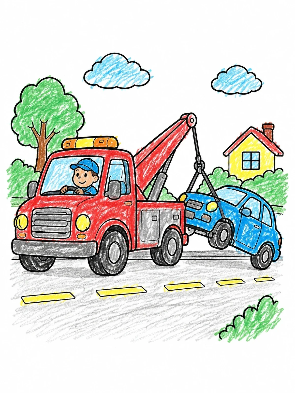 Colored example of the Tow Truck Helping A Broken Car coloring page