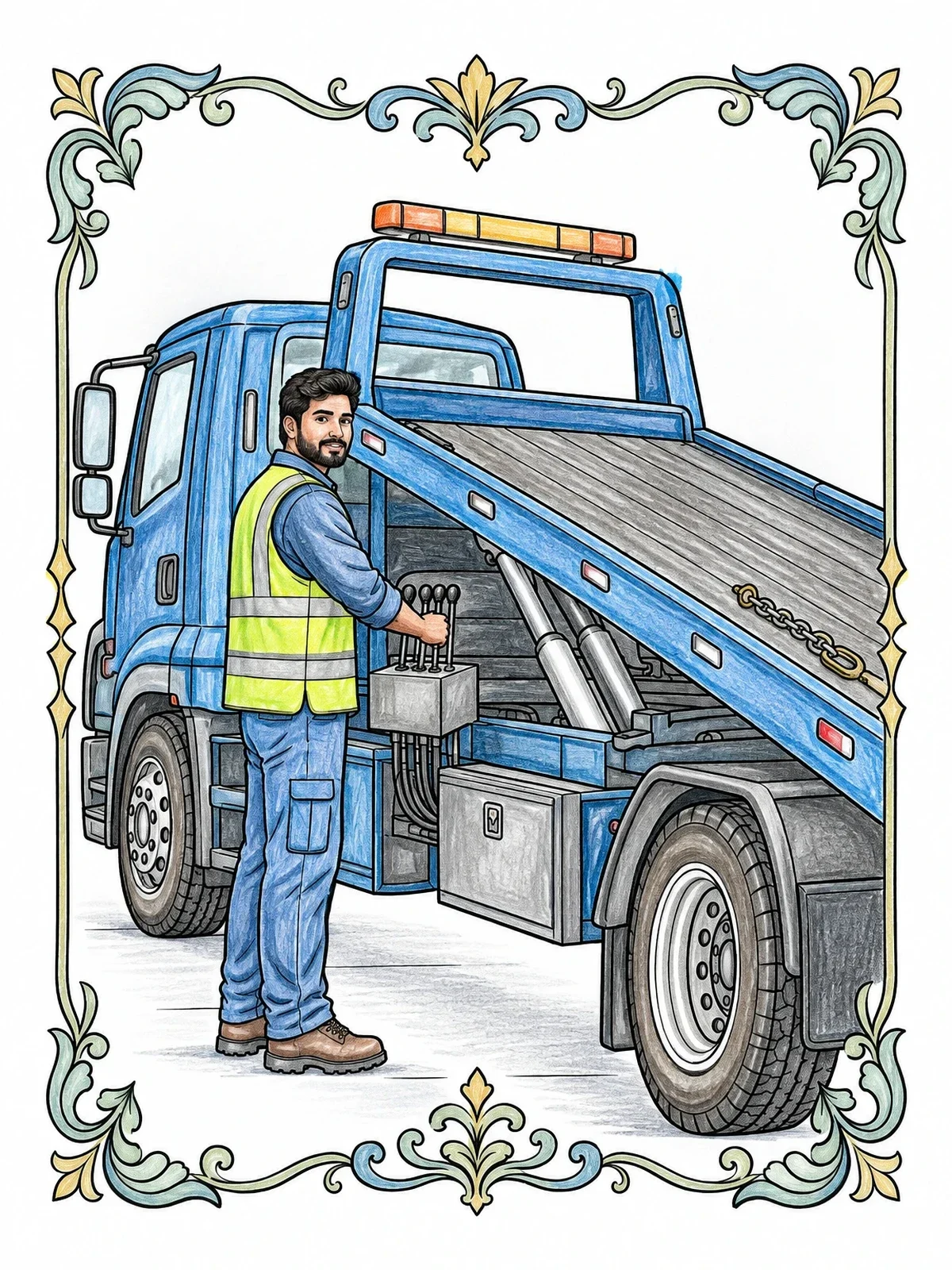 Colored example of the Tow Truck Operator With Flatbed coloring page