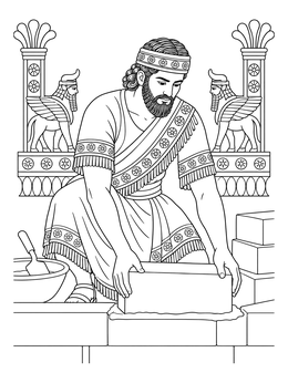 An ancient builder lays a stone block in this tower of babel coloring page with lamassu statues.