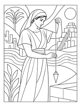 An architect holds a plumb line in this detailed tower of babel coloring page.