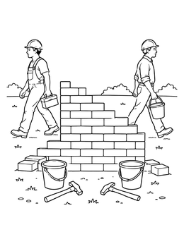Workers depart from an incomplete wall in this tower of babel coloring page.