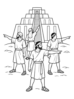 Ancient builders pointing away in this tower of babel coloring page.