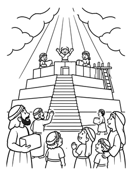 Happy people building a ziggurat under bright skies in this tower of babel coloring page.
