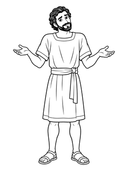 A confused builder shrugs in this tower of babel coloring page with bold line art.