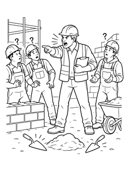 A modern construction scene in this tower of babel coloring page shows confused workers listening to a shouting foreman.