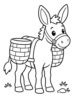 A friendly pack donkey with side baskets in this easy tower of babel coloring page for kids.