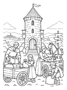 A family loading carts before a journey in this tower of babel coloring page.
