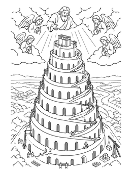 Detailed tower of babel coloring page showing a massive spiral structure watched over by heavenly figures in clouds.
