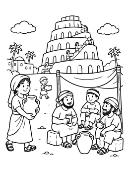 A woman brings water to resting builders in this tower of babel coloring page.