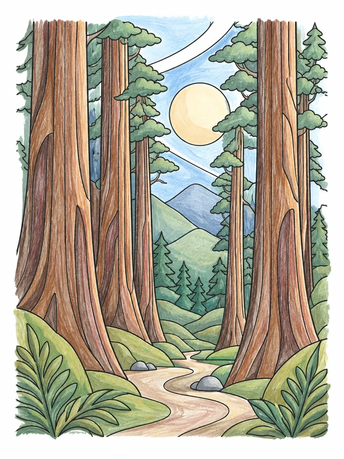 Colored example of the Towering Redwood Forest Valley coloring page