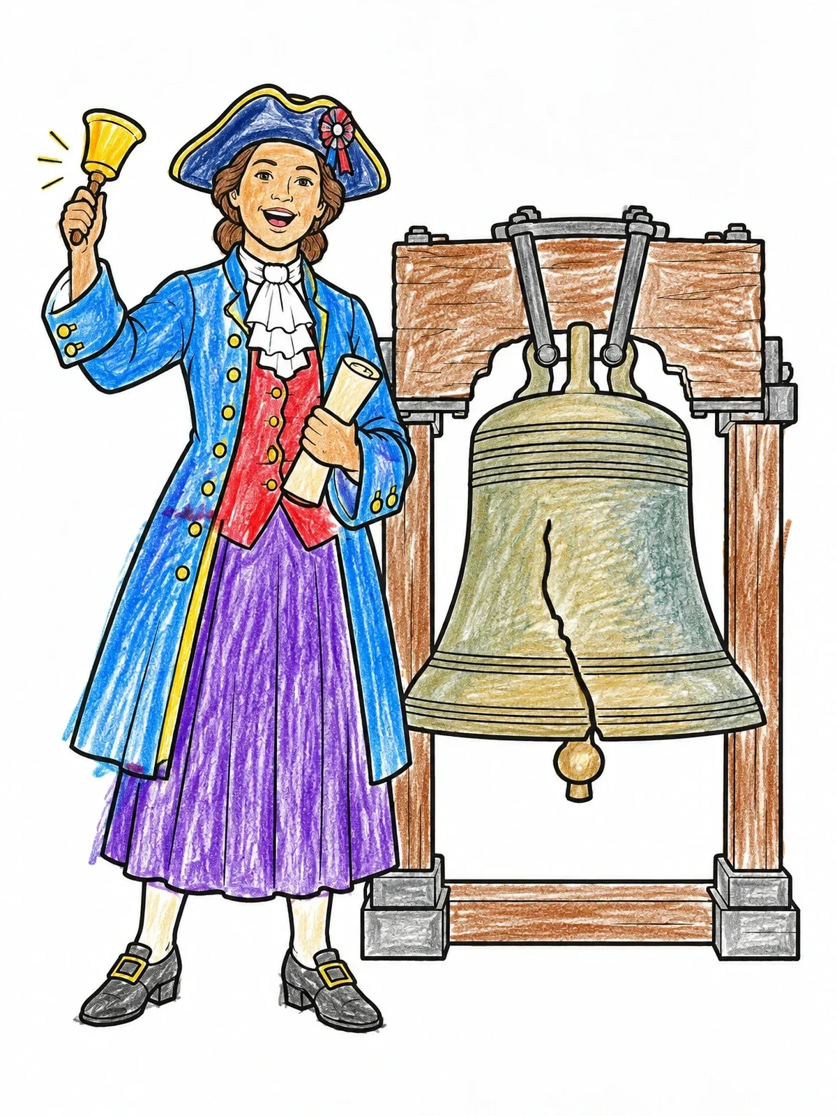 Colored example of the Town Crier Beside The Liberty Bell coloring page