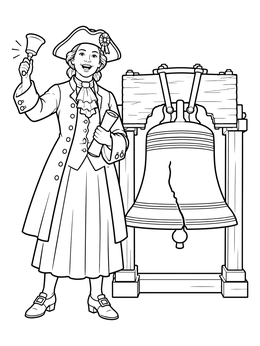A colonial town crier rings a handbell next to the Liberty Bell coloring page.