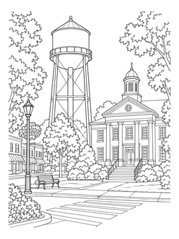 A historic town hall and street scene highlight this water tower coloring page.