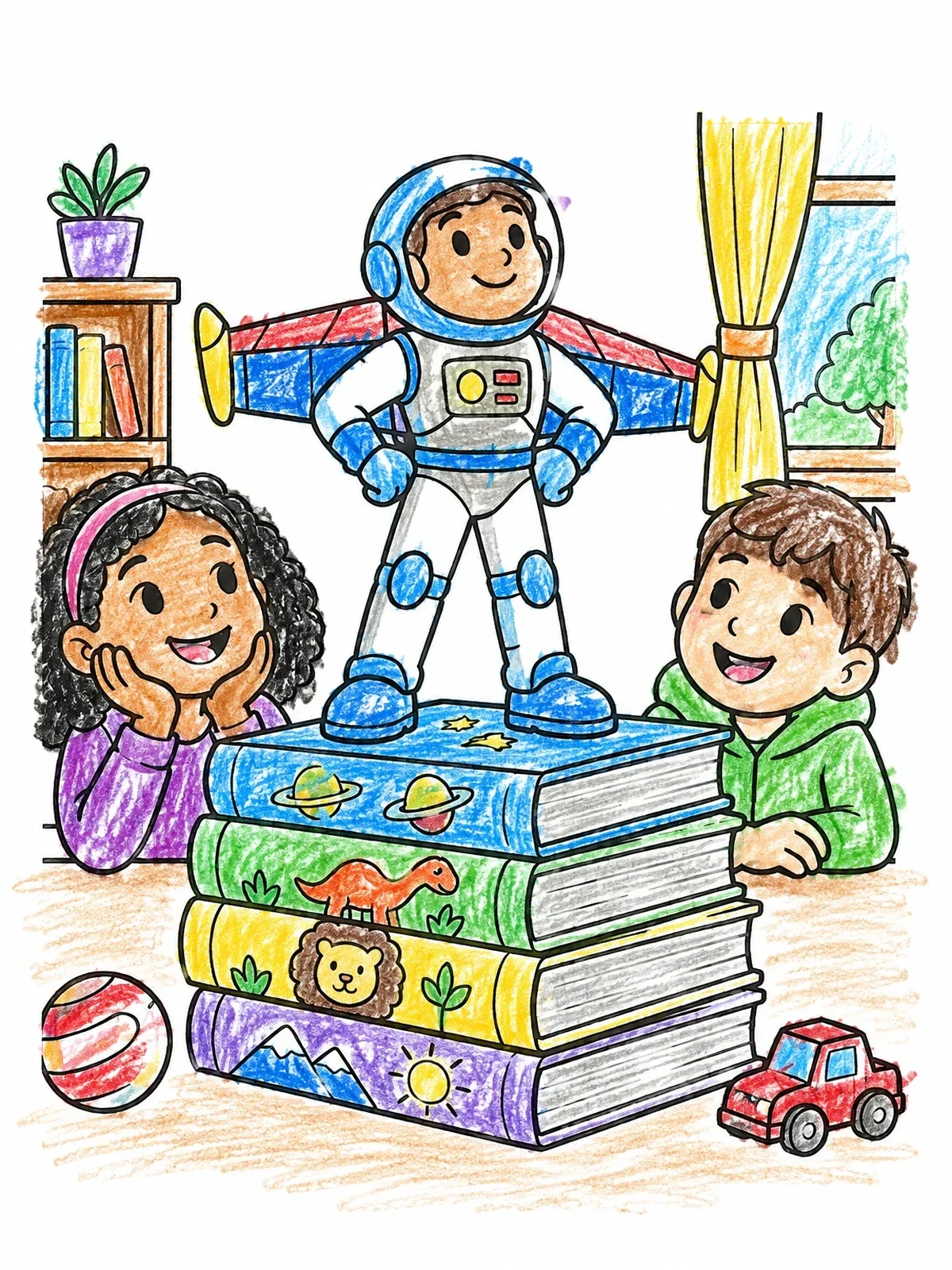 Colored example of the Astronaut Action Figure On Book Stack coloring page