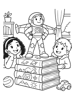 Happy kids watch a space hero in this cute toy coloring page.