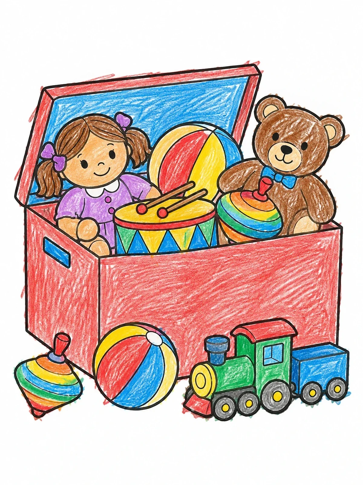 Colored example of the Open Toy Box With Teddy Bear And Doll coloring page