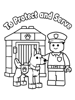 Toy block officer and police dog outside a kennel on this police station coloring page.