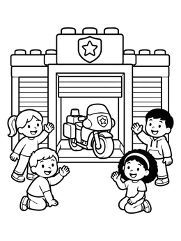 Happy children waving around a toy brick police station coloring page with a motorcycle.