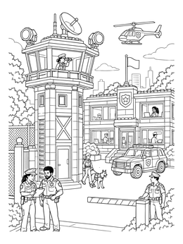 A detailed police station coloring page featuring officers, a patrol car, helicopter, and surveillance tower.
