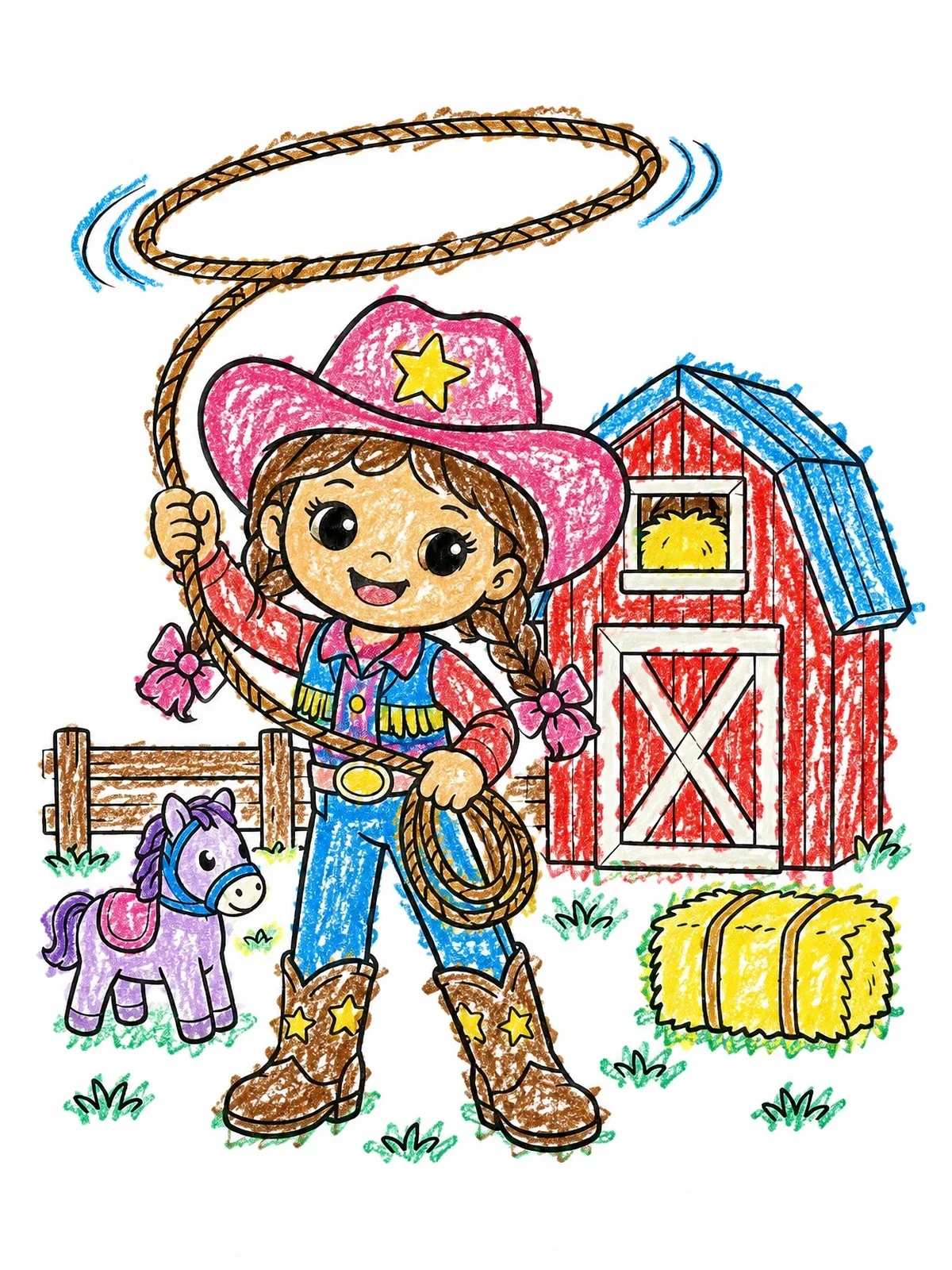 Colored example of the Cheerful Cowgirl Doll With Lasso coloring page