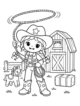 A cheerful cowgirl doll plays with a lasso in this toy coloring page featuring a barn and pony.