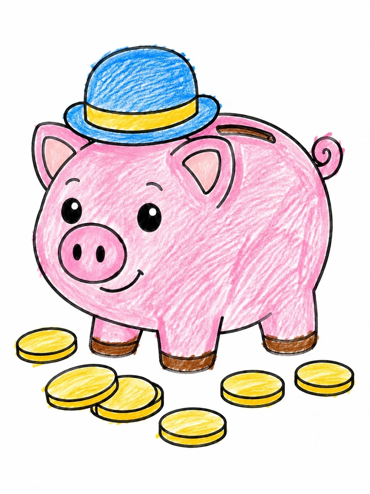 Colored example of the Cute Piggy Bank With Hat coloring page