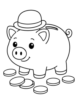 A cute piggy bank wearing a small hat with coins in this toy coloring page.