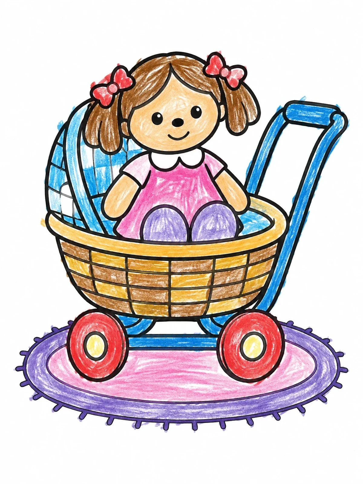 Colored example of the Toy Doll In Wicker Stroller coloring page