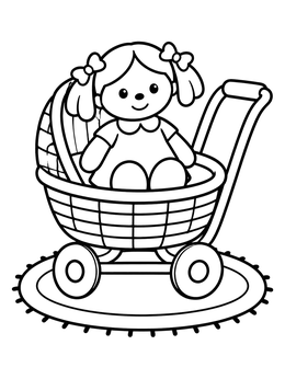 Free printable Toy Doll In Wicker Stroller coloring page