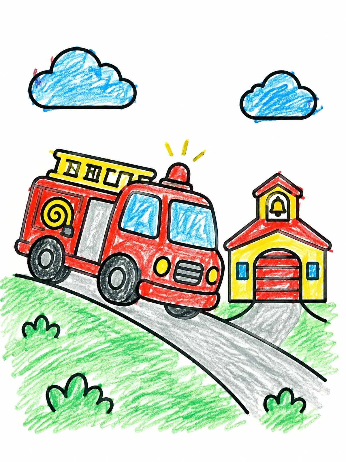 Colored example of the Toy Fire Truck Driving Downhill coloring page