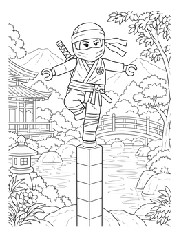 A mini toy warrior poses in this ninja coloring page set in a scenic garden with a pond and bridge.