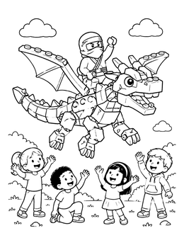 Excited kids watch a toy hero fly on this ninja coloring page.