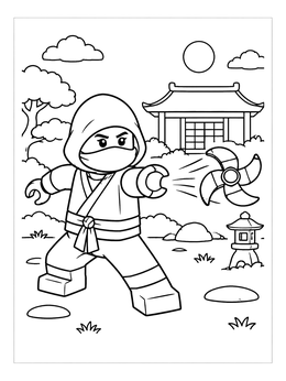 A toy ninja coloring page showing a hooded minifigure throwing a spinning star outdoors.